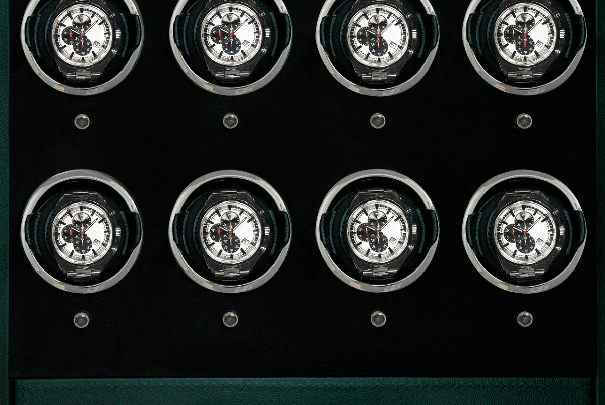 Wolf 1834 Churchill safe features numerous Bluetooth controlled watch winders.