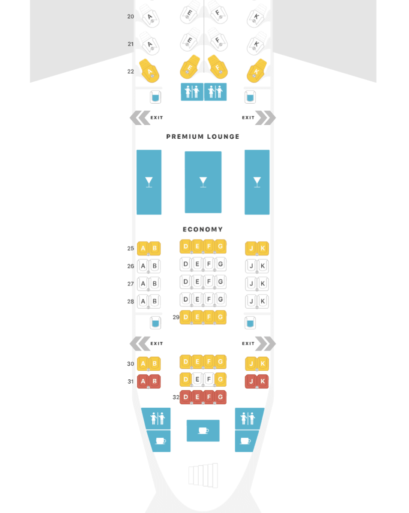 A seat map of Qatar Airways' upper deck economy class cabin.