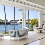 A dining room table in front of a building