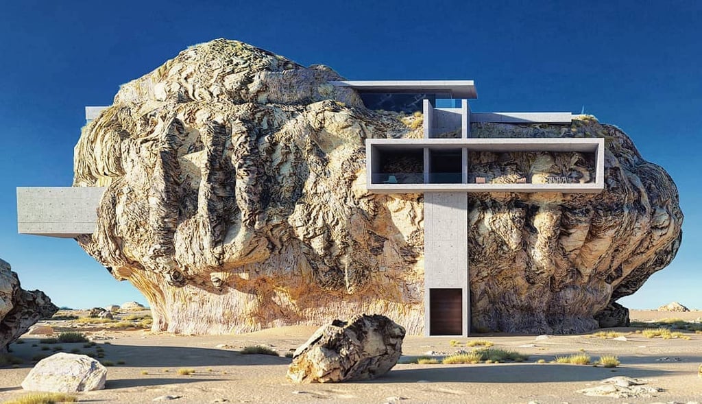 A cow stands in front of a large rock