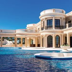 A blue pool of water in front of a building