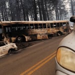 A bus that is parked on the side of a road