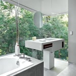 A sink and a mirror with Farnsworth House in the background