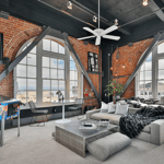 A living room filled with furniture and a fireplace