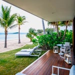 A chair sitting in front of a palm tree on a table