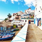 A boat is docked at the beach