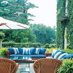 A table topped with a blue umbrella