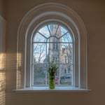 A vase with flowers in front of a window