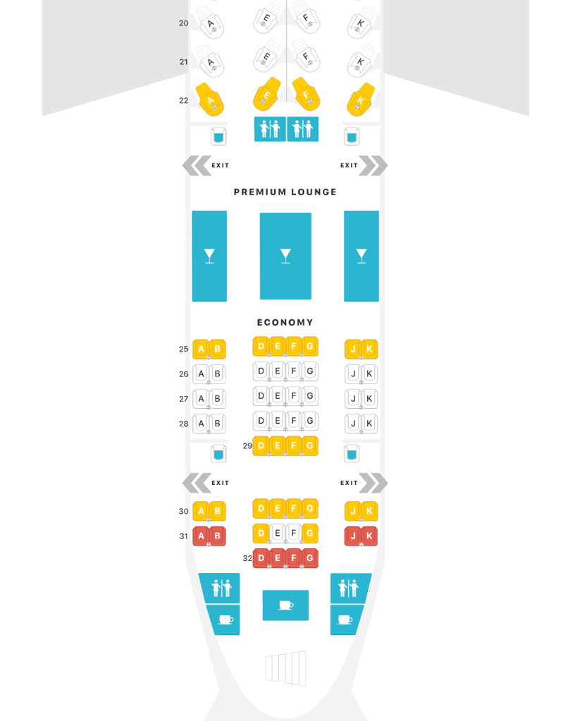 A seat map of Qatar Airways' upper deck economy class cabin.