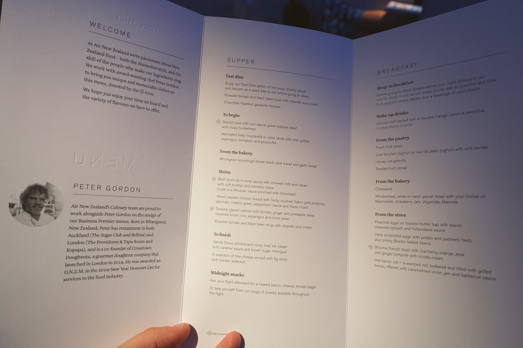 Air New Zealand business class menu