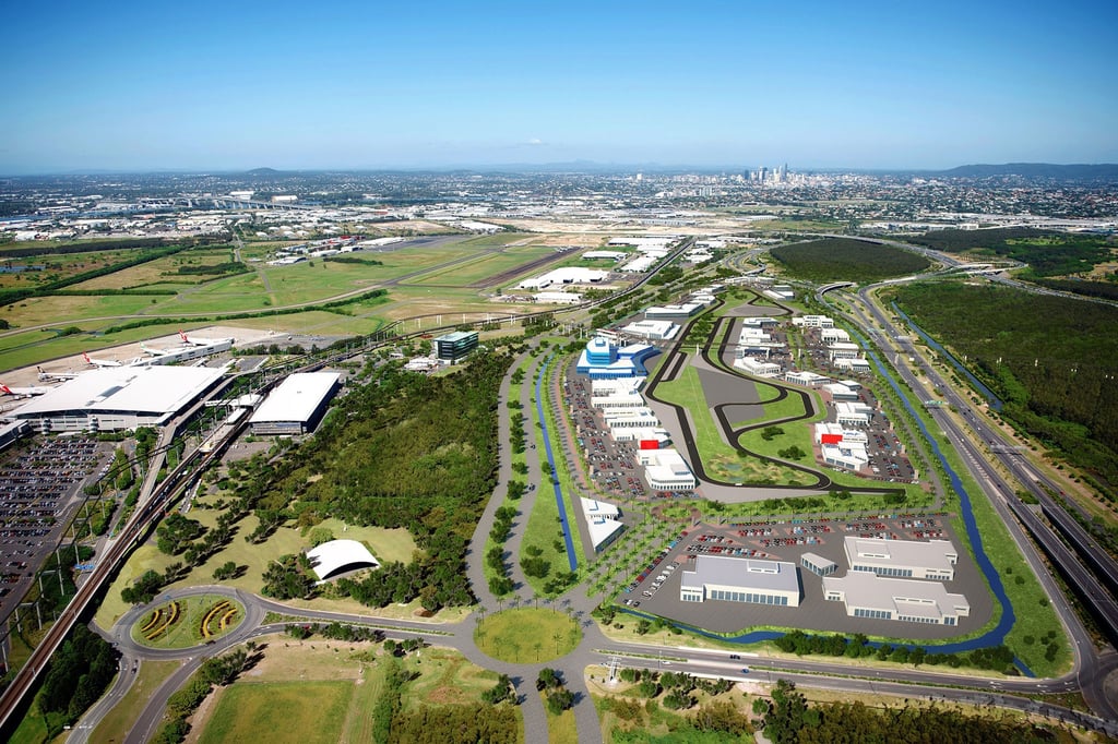 BNE Auto Mall render & airport aerial shot
