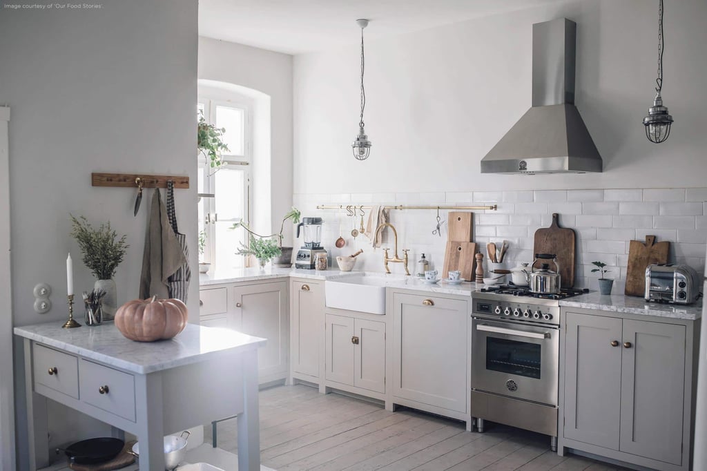 A kitchen with a sink and a microwave