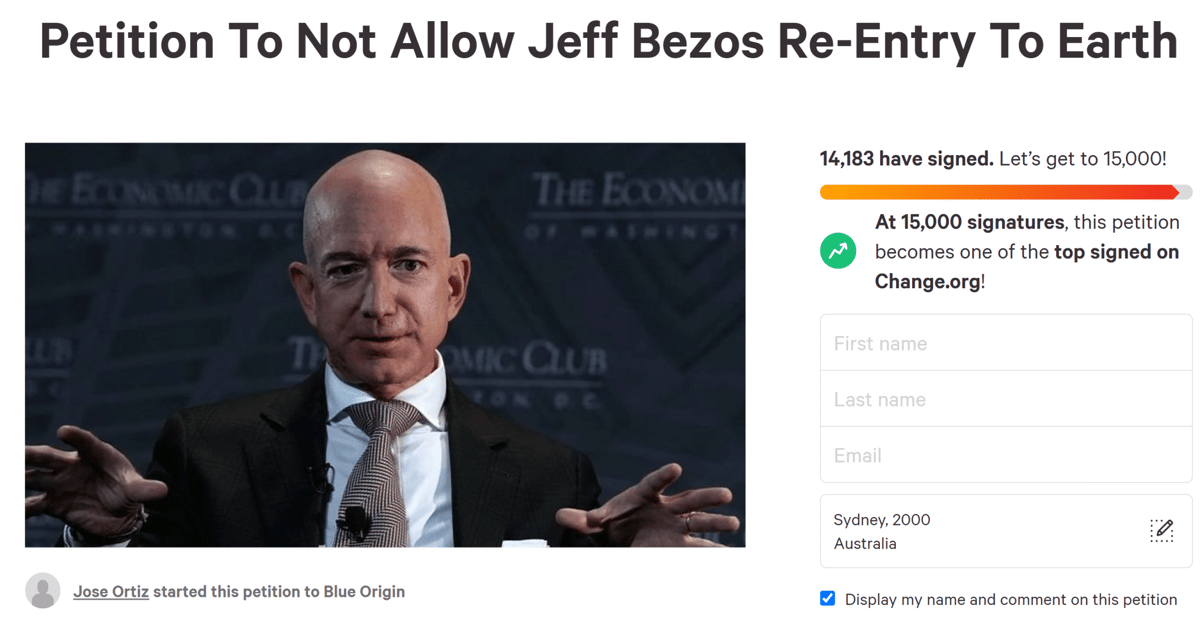 jeff bezos petition space deny re-entry-earth