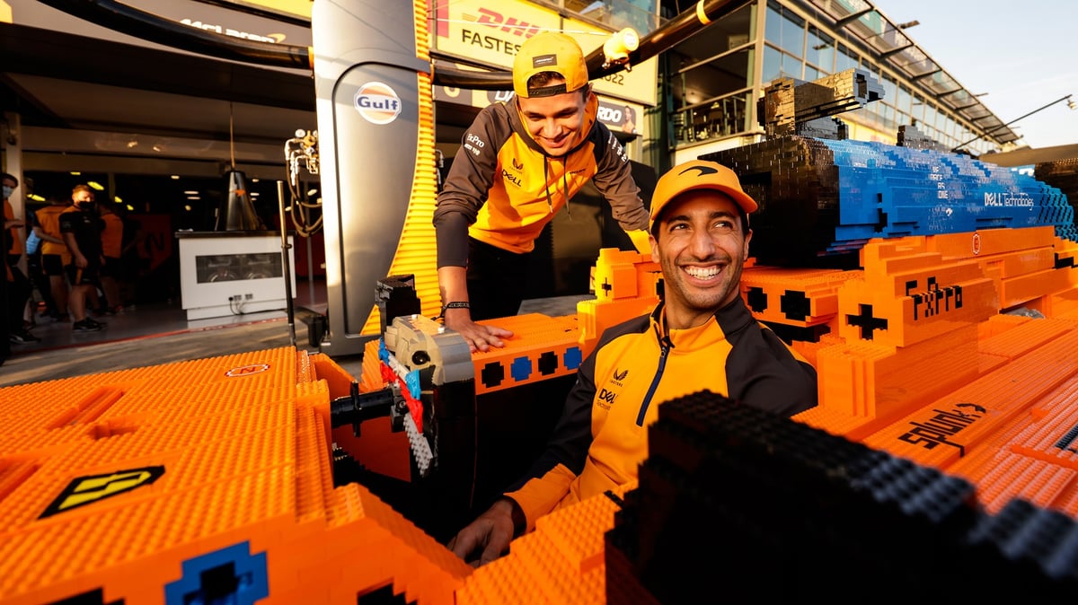 Daniel Ricciardo sits in the LEGO McLaren F1 Car at the Australian Grand Prix in Melbourne.