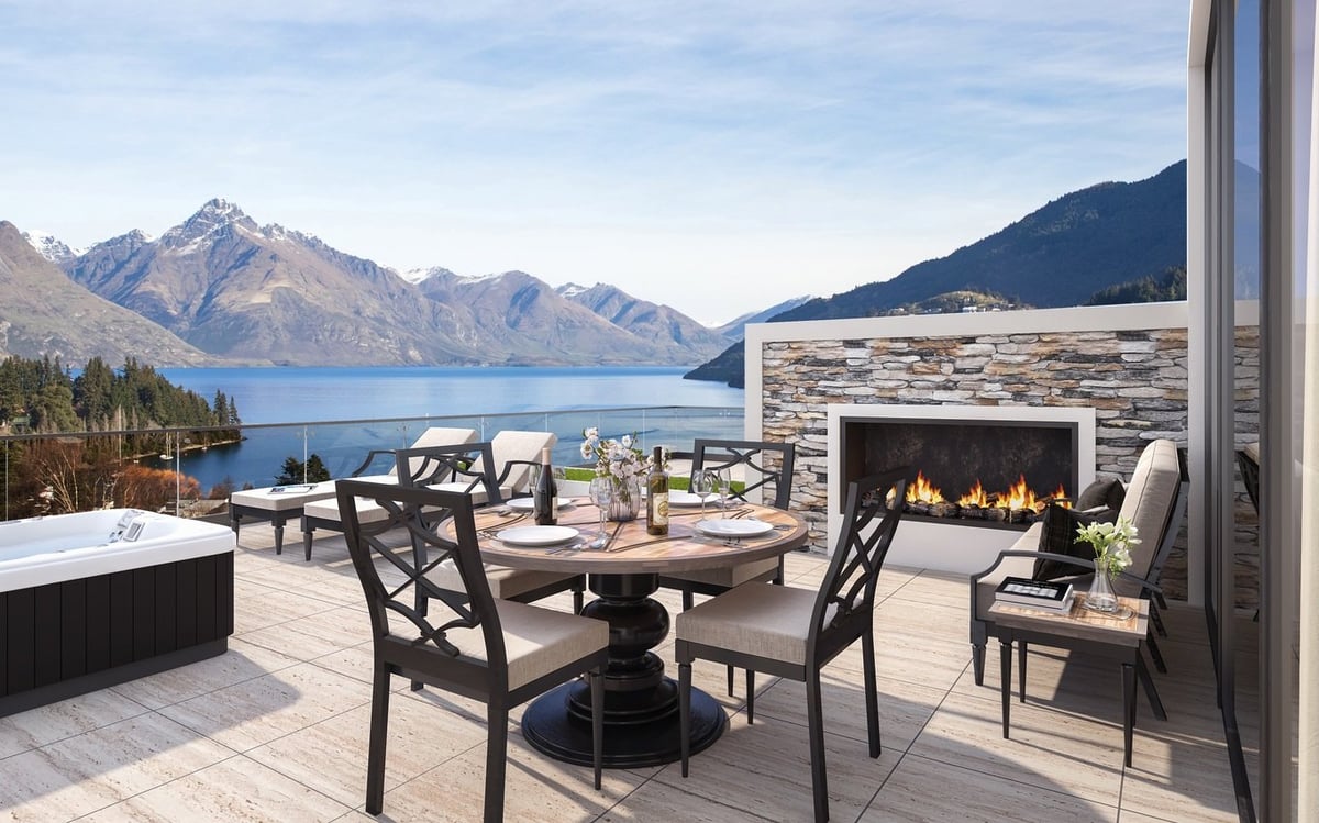 The balcony at The Carlin Hotel in Queenstown.