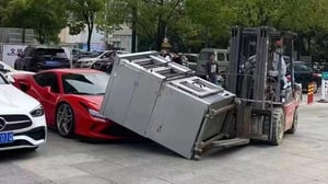 Forklift Driver Drops An Industrial Oven On A Ferrari F8 Tributo