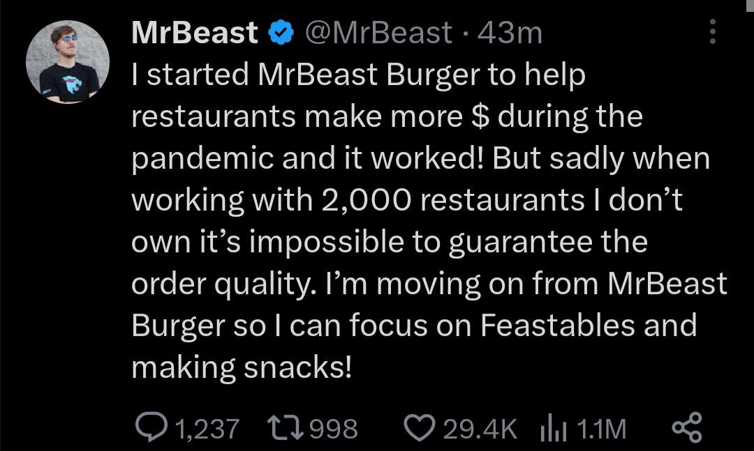 MrBeast Burger Deleted Tweet