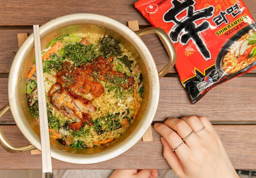 A bowl of food on a table