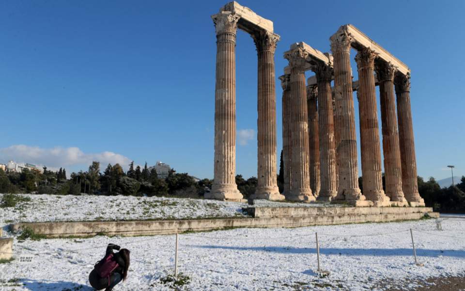 Temple of Olympian Zeus, Athens covered in snow