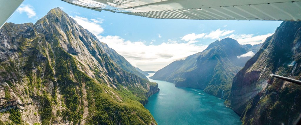 A view of water and Milford Sound in the background