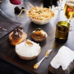 A tray of food on a table
