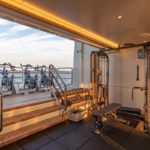 A wooden boat in a room