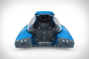 A blue toy car on display