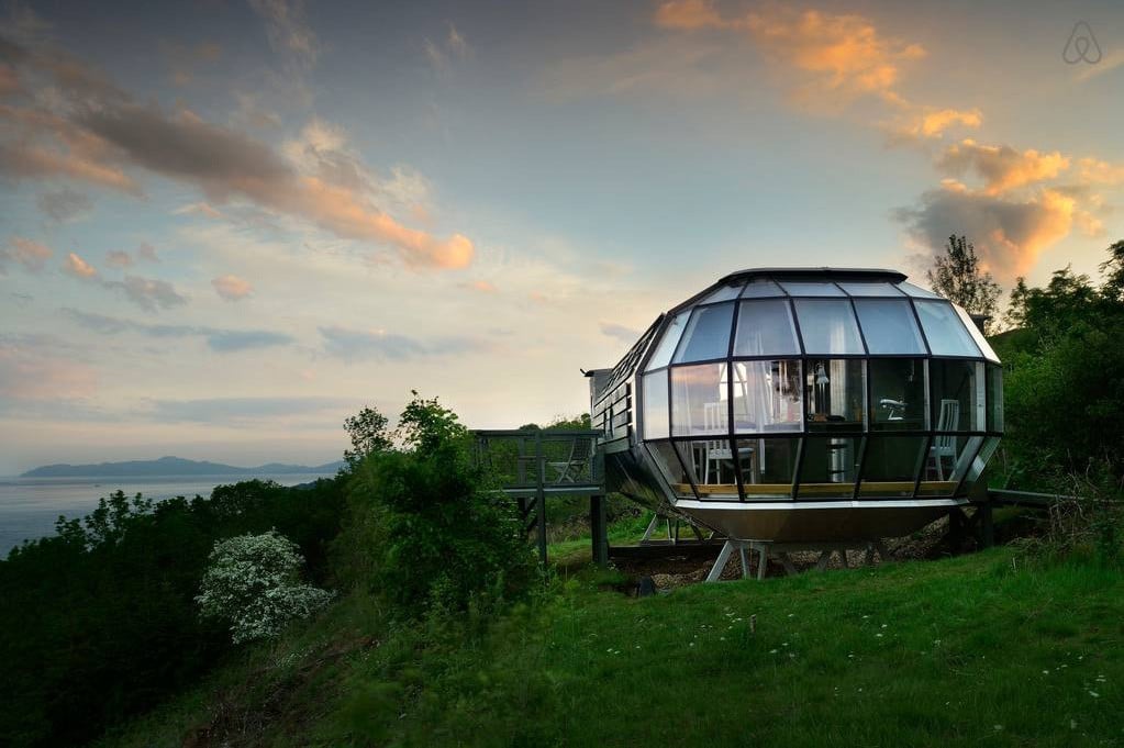 A train that is on top of a lush green field