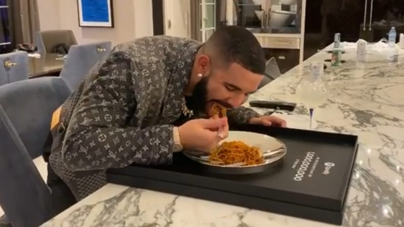 Drake Eats Spaghetti out of his Spotify Plaque Wearing a $2,670 Louis  Vuitton Giant Damier Waves Monogram Denim Jacket – Fashion Bomb Daily