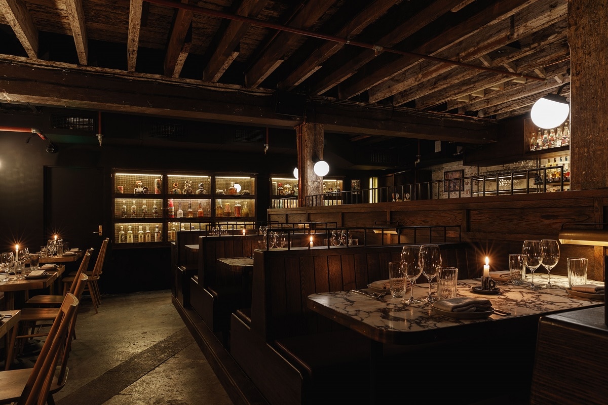 A long table in a restaurant