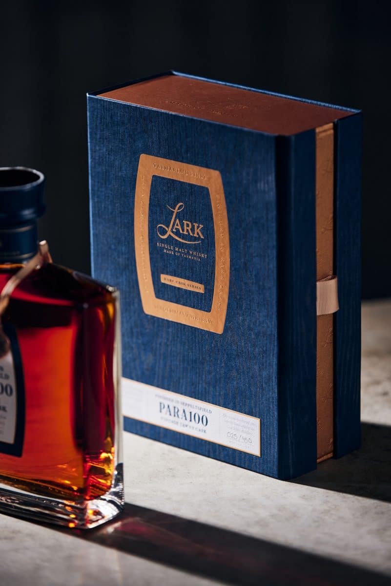 A close of the packaging for the Lark Distillery PARA100 whisky.