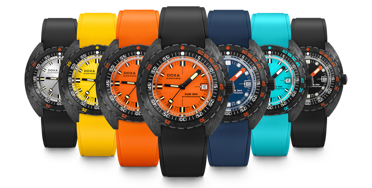 The entire line-up for the Doxa SUB 300 carbon COSC collection
