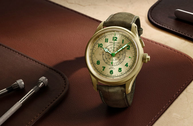 A full view of the Montblanc 1858 Split Seconds Chronograph in Lime Gold