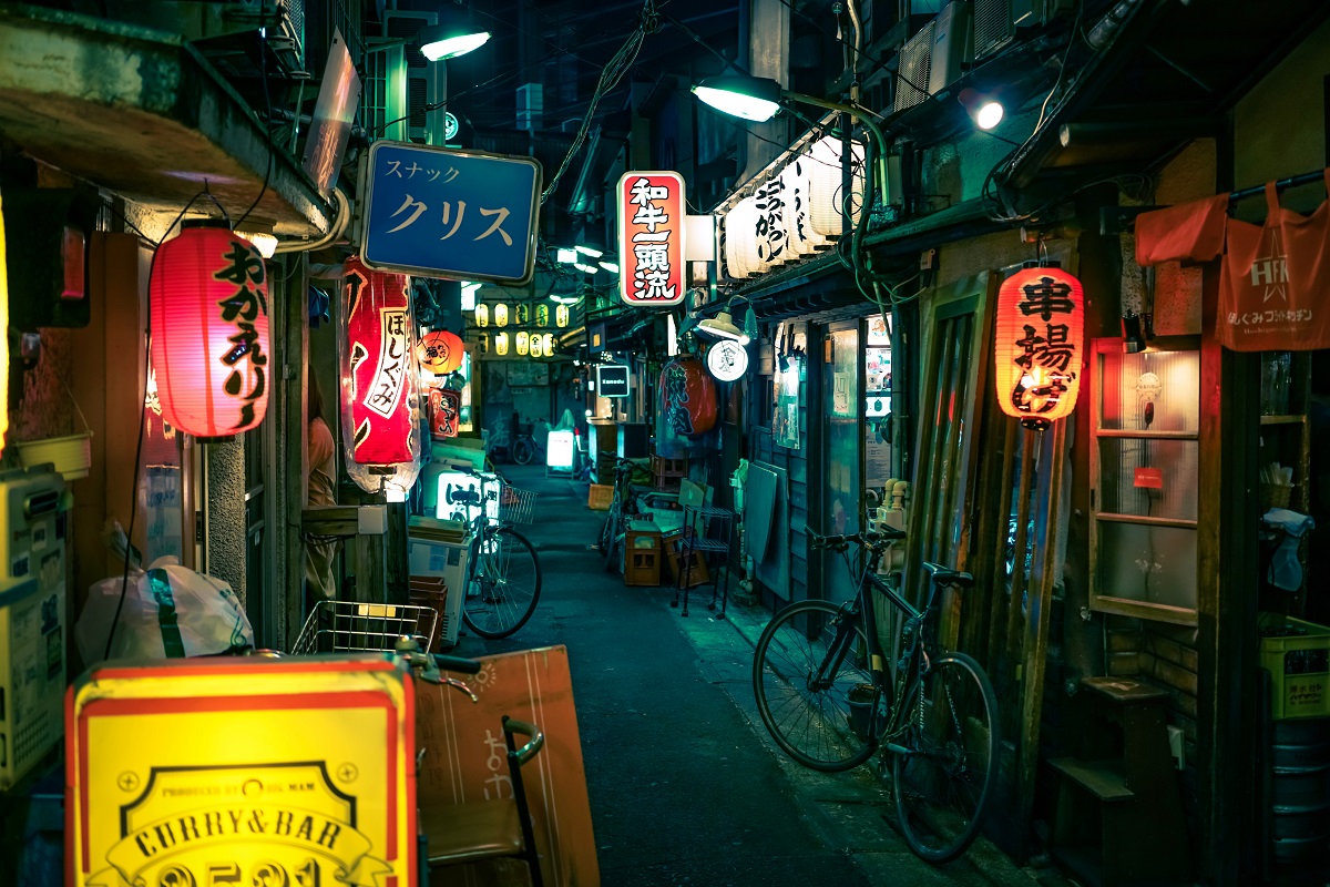 A store front at night