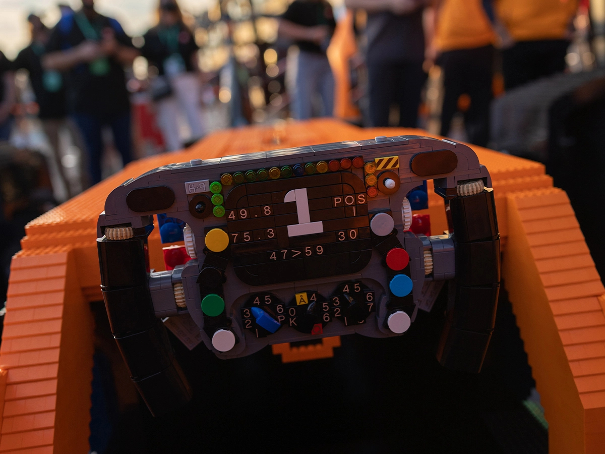 The steering wheel of the LEGO x McLaren collaboration at the Australian GP in Melbourne