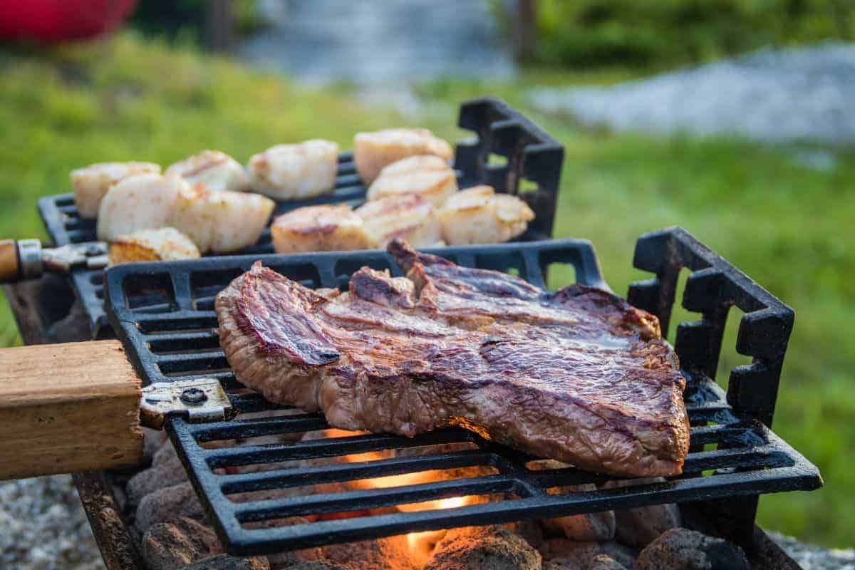 Hibachi Grill over charcoal cooking meat and vegetables