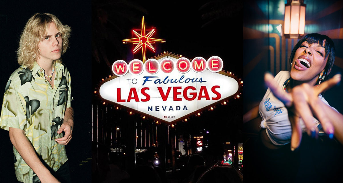 A woman standing in front of a store with Welcome to Fabulous Las Vegas sign in the background
