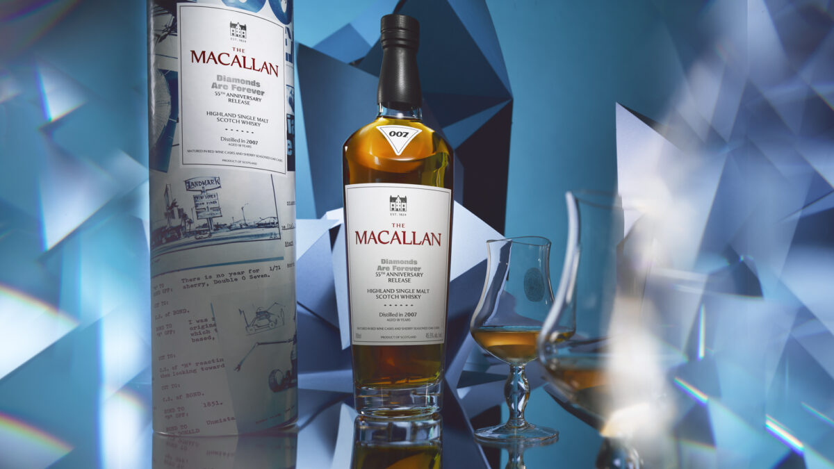 The Macallan Diamonds Are Forever 55th Anniversary limited-edition whisky bottle.
