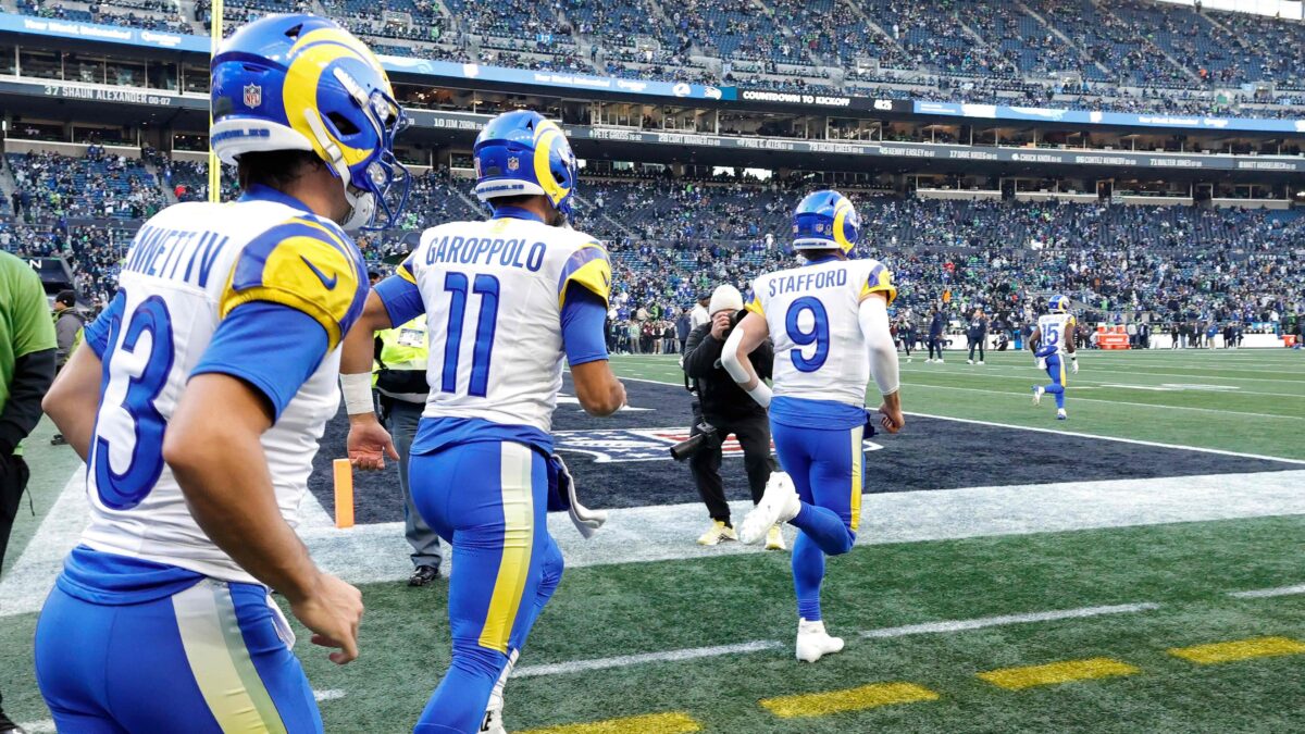Matthew Stafford #9, Jimmy Garoppolo #11 and Stetson Bennett IV #13 of the Los Angeles Rams
